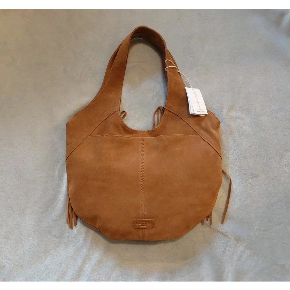 Lucky Brand Nyra Honey Tan Suede Fringe Leather Hobo Shoulder Bag Boho NWT